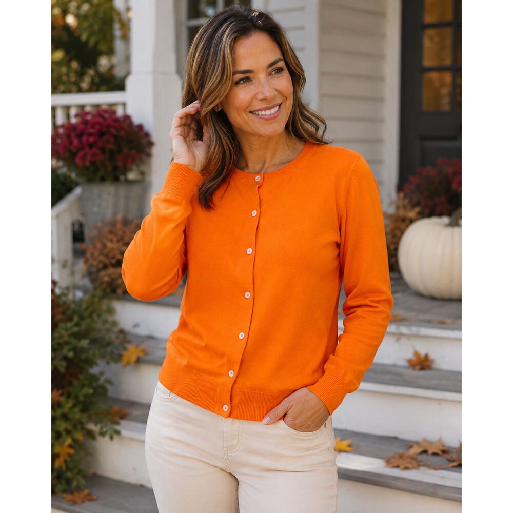 Lands’ End Orange Button Cardigan L Petite, Cotton Blend, Preppy Fal